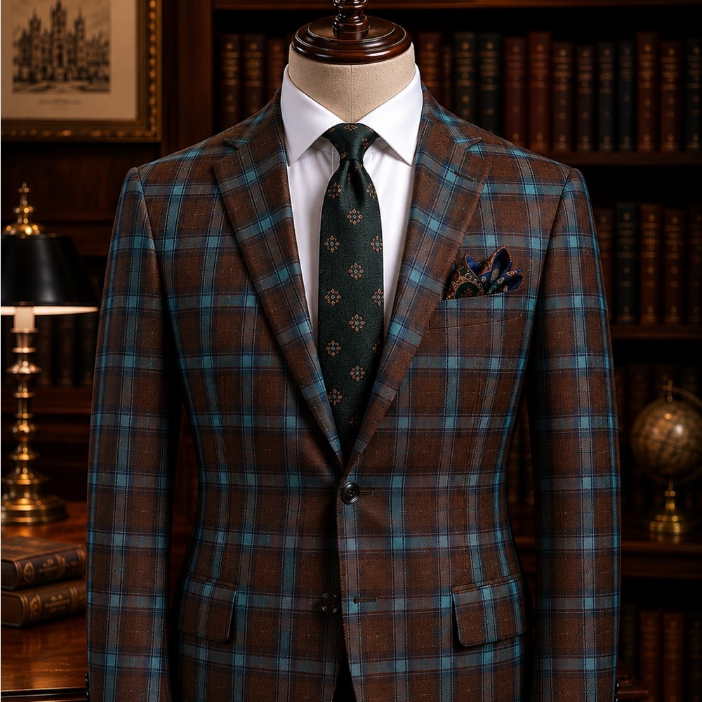 Kiton 100% Cashmere Brown and Emerald Windowpane Sport Coat